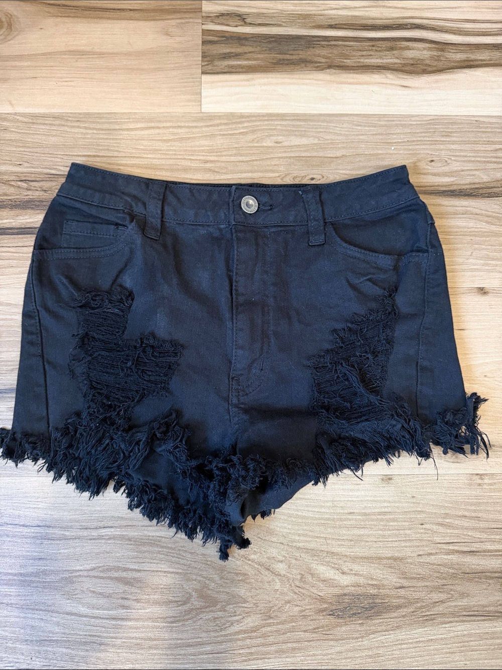 Aphrodite Black Distressed High-Rise Frayed Hem Jean Shorts